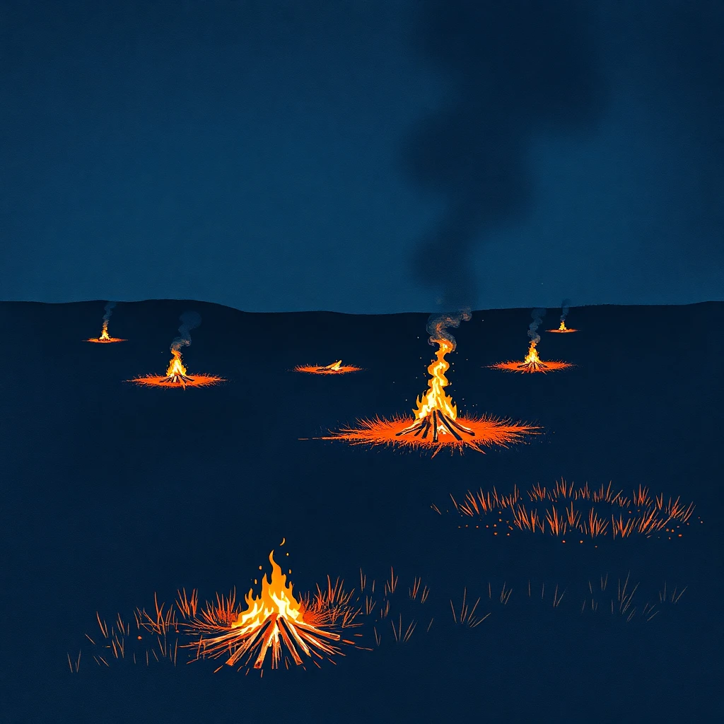 An open field at night, scattered bonfires at different distances — some burning bright and steady, one recently relighted with fresh smoke still rising, another still being built from embers. The whole field visible under a clear sky.