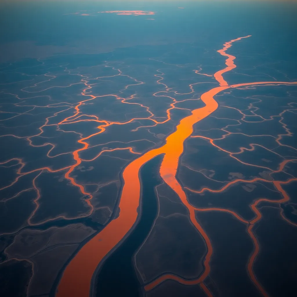 A river delta seen from directly above at dusk, dozens of channels splitting and rejoining