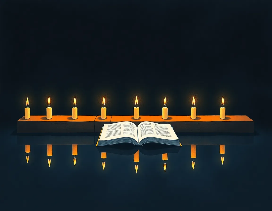 Seven small candles burning on a narrow stone ledge in a dark room, the flames together casting warm amber light across a single open document on a table below