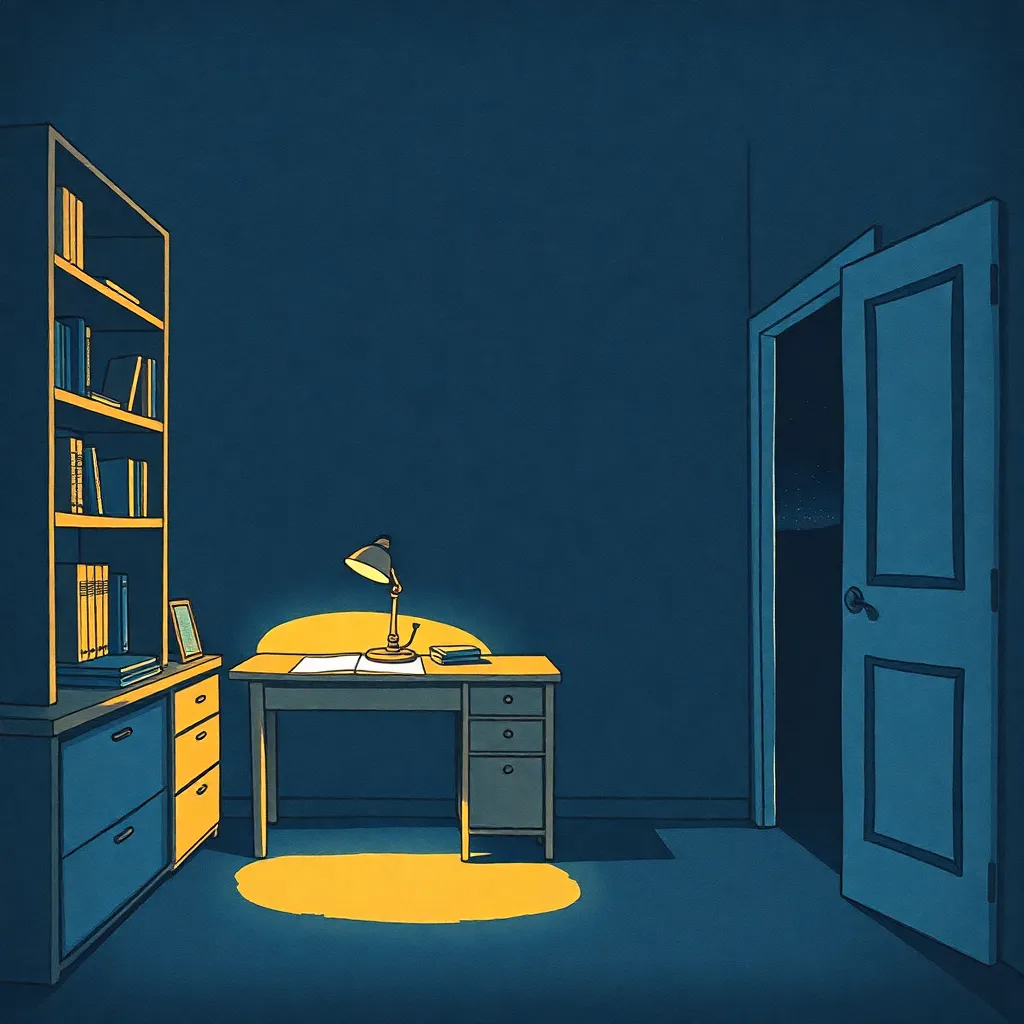 A quiet study room at night seen from within — a desk, ordered shelves, a single lamp, and across the room an open door giving onto darkness