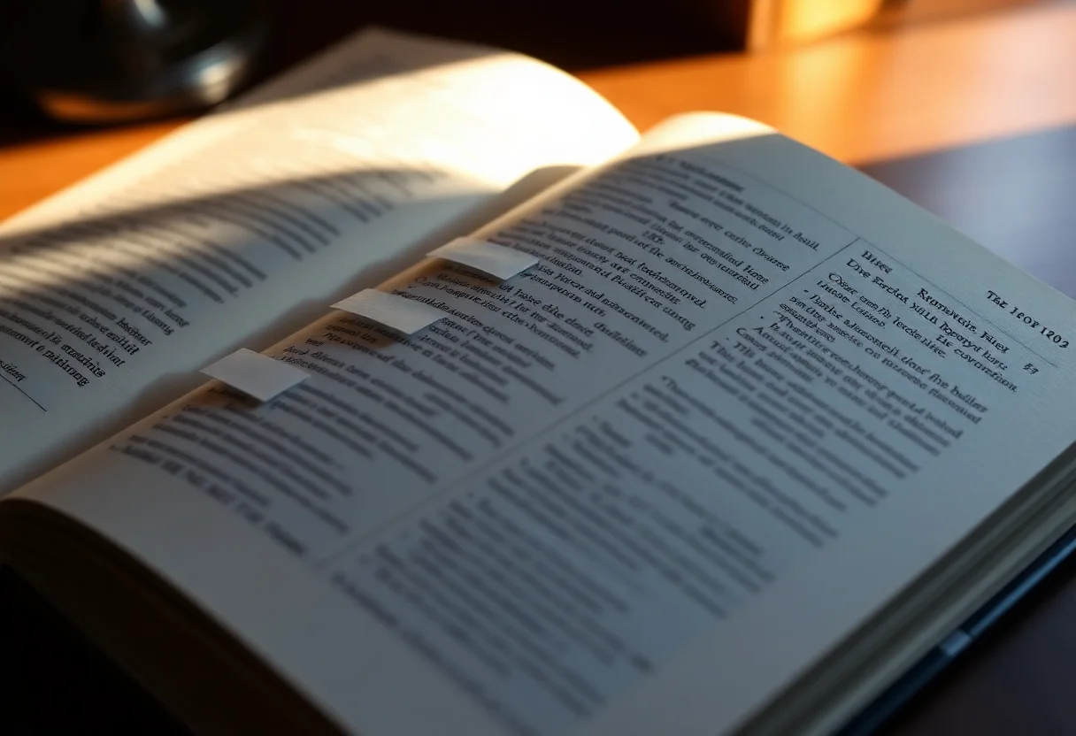 An open reference book on a dark desk in warm lamplight, five thin paper tabs marking specific pages along the top edge